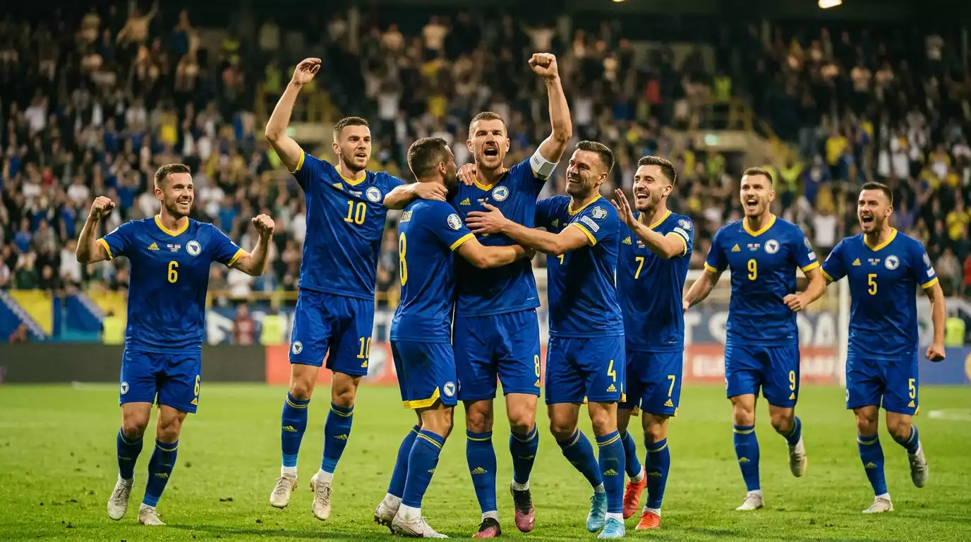 Joueurs de la sélection de Bosnie-Herzégovine célébrant la qualification pour la Coupe du Monde 2026
