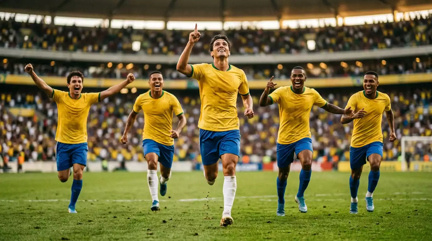 Joueurs de la sélection brésilienne célébrant un but lors d'un match de préparation au Mondial 2026