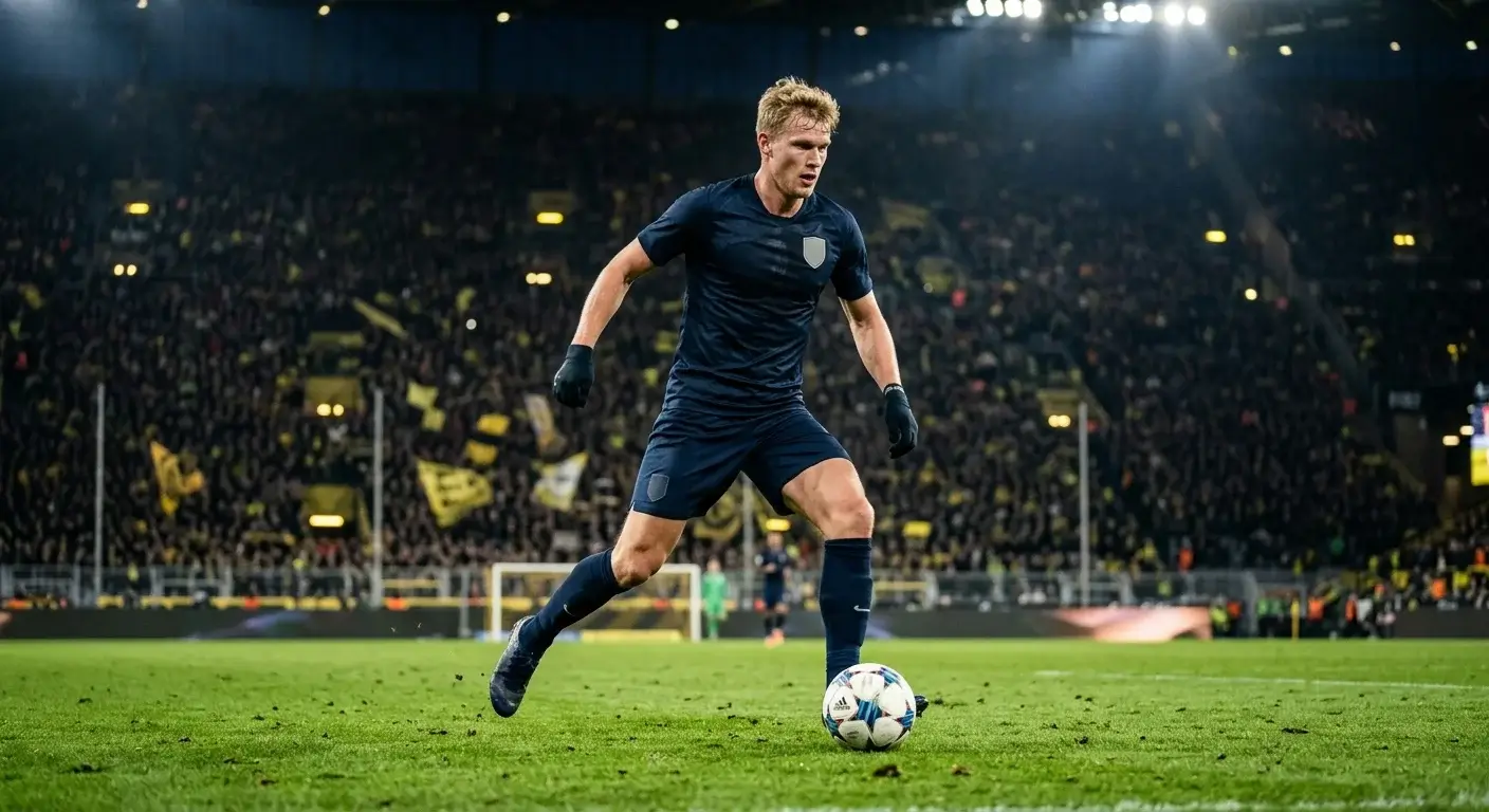 Un attaquant blond en maillot sombre file balle au pied dans un grand stade illuminé, tribunes floues à l'arrière-plan
