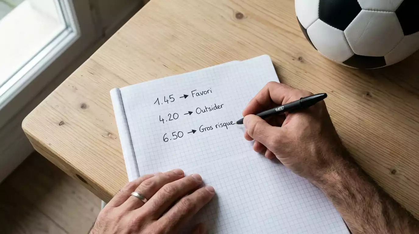 Main tenant un stylo au-dessus d'une feuille quadrillée où sont alignées trois cotes décimales 1.45, 4.20 et 6.50, ballon de football posé à côté