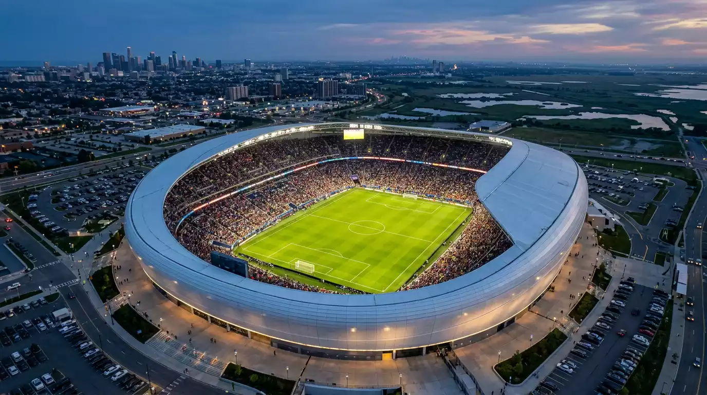 Vue aérienne du MetLife Stadium d'East Rutherford éclairé en soirée pour la finale du Mondial 2026