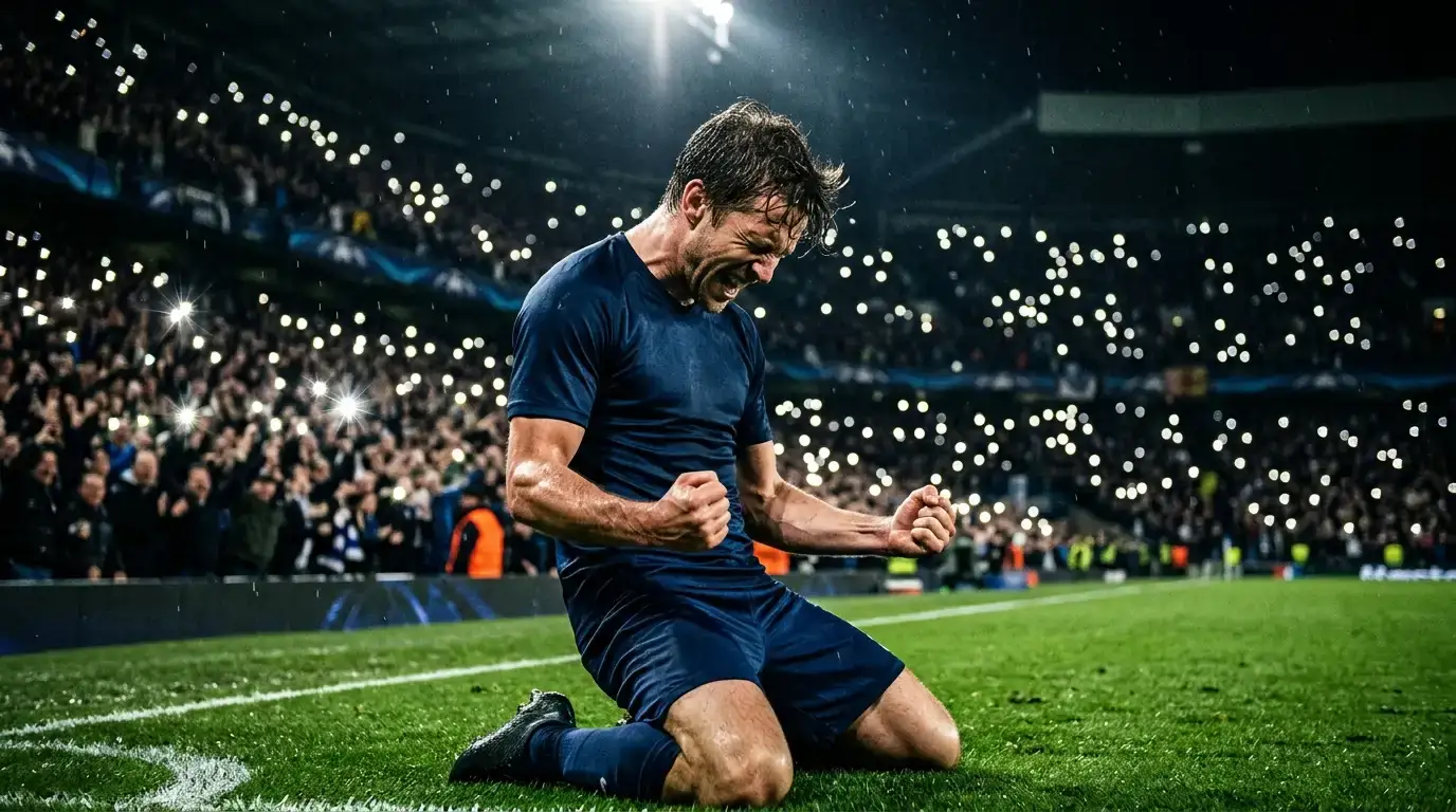 Un footballeur en maillot bleu uni savoure un but, poings serrés, sous une pluie de flashs dans un stade nocturne