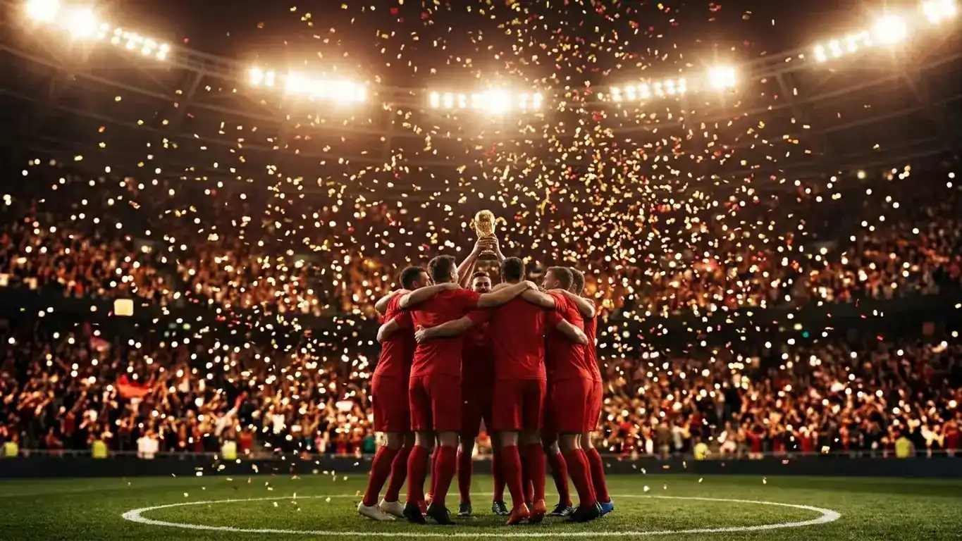 Un stade comble la nuit, tribunes en rouge, joueurs célébrant au centre du terrain sous les confettis