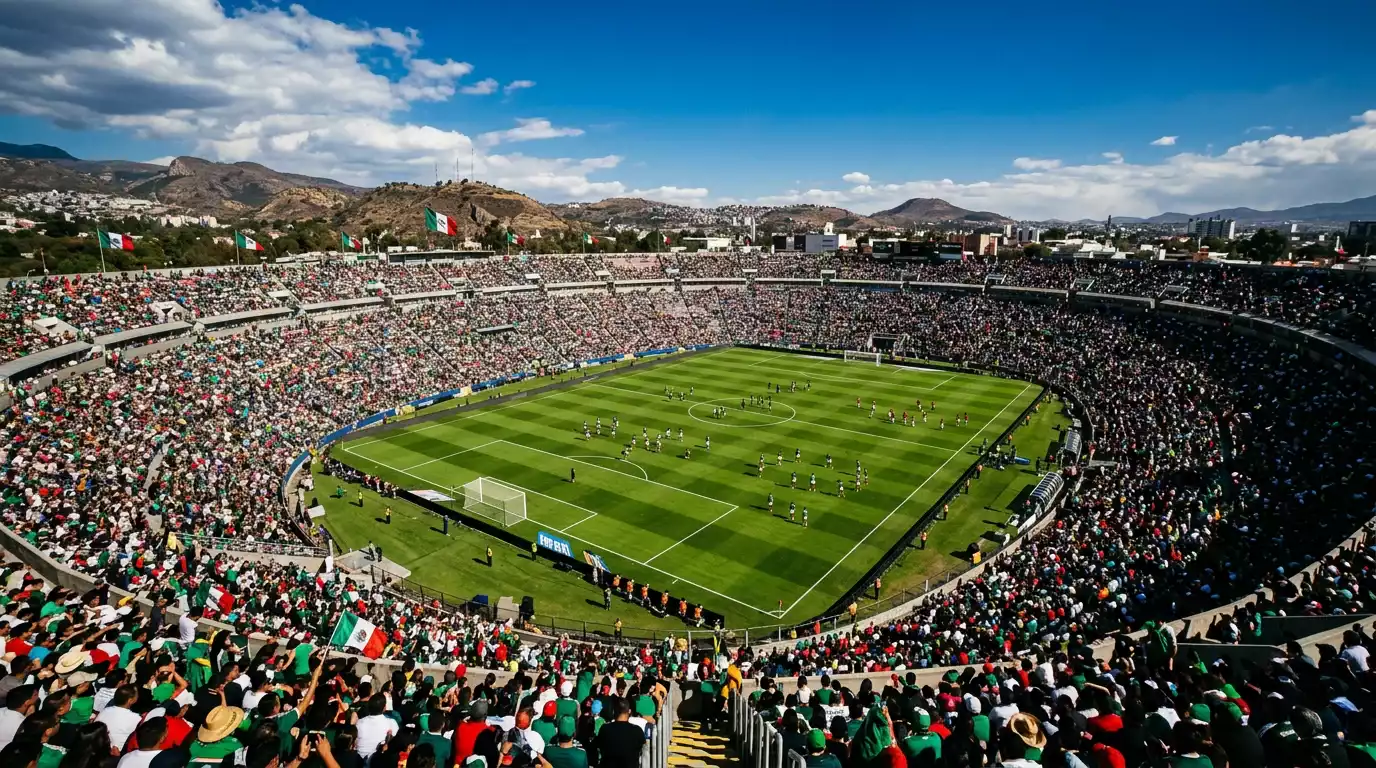 Vue intérieure de l'Estadio Azteca de Mexico depuis les tribunes hautes, pelouse verte centrale, immense couronne de gradins remplie de spectateurs sous un ciel altiplanique