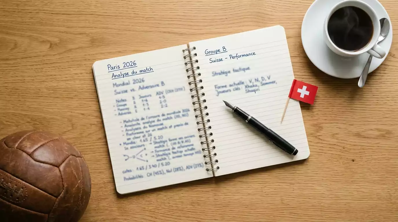 Carnet ouvert sur une table en bois avec un stylo posé en travers, un café en arrière-plan et le drapeau suisse à croix blanche en marque-page