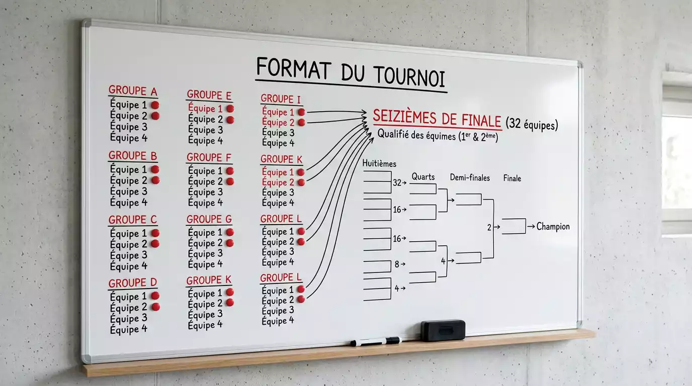 Schéma du nouveau format à 48 équipes du Mondial 2026 avec ses 12 groupes et le Round of 32