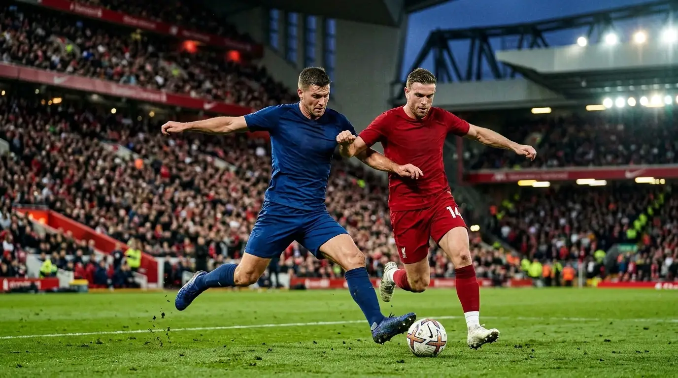 Deux joueurs de football adverses en maillots bleu et rouge se disputent le ballon au milieu du terrain, stade bondé en arrière-plan sous les projecteurs