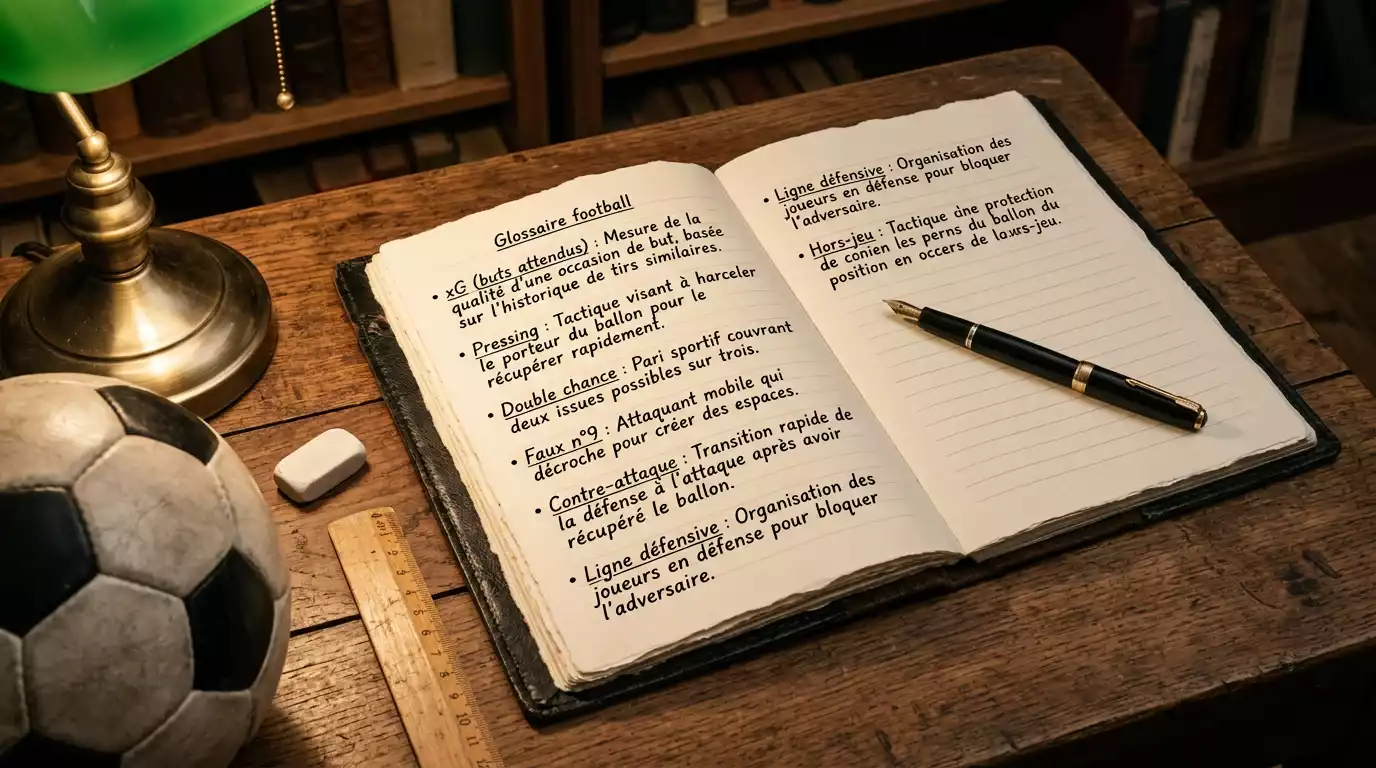 Carnet de notes ouvert avec des termes de football manuscrits en français, stylo plume noir posé à côté, lumière chaude d'une lampe de bureau