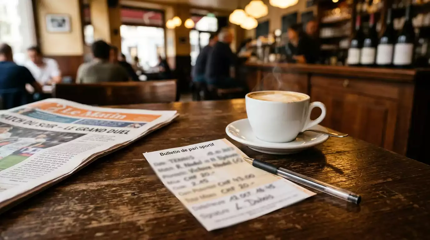 Bulletin Jouez Sport rempli à la main dans un café lausannois avec un café crème et un crayon