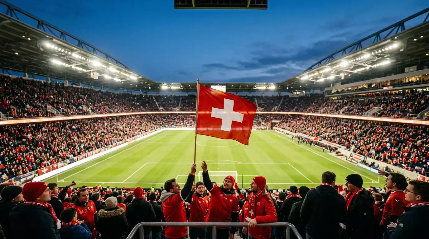 Stade de football américain illuminé un soir de match avec drapeau suisse en tribune, ambiance Coupe du Monde 2026