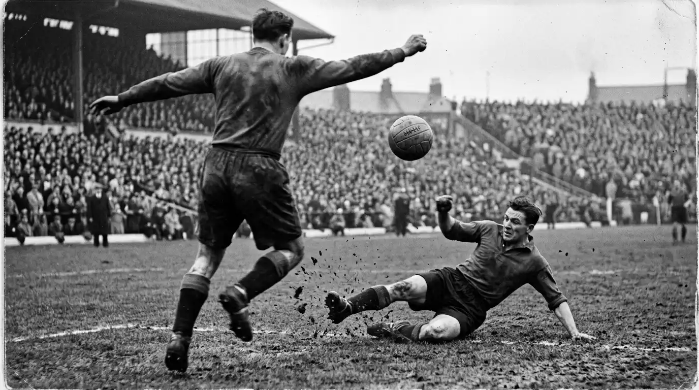 Photo d'archive en noir et blanc du match Suisse Autriche du 26 juin 1954 au Wankdorf de Berne avec joueurs en mouvement
