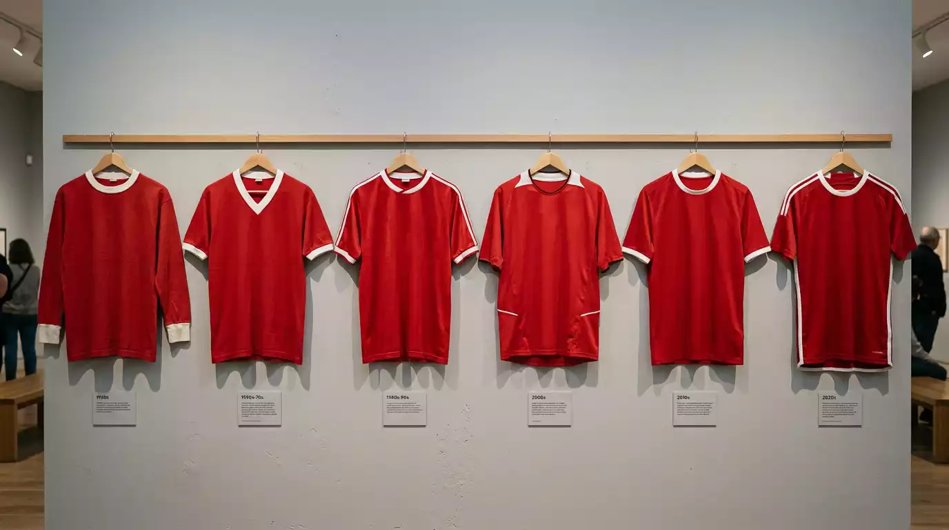 Maillots historiques de la sélection suisse alignés sur un mur de musée allant de 1934 à 2022
