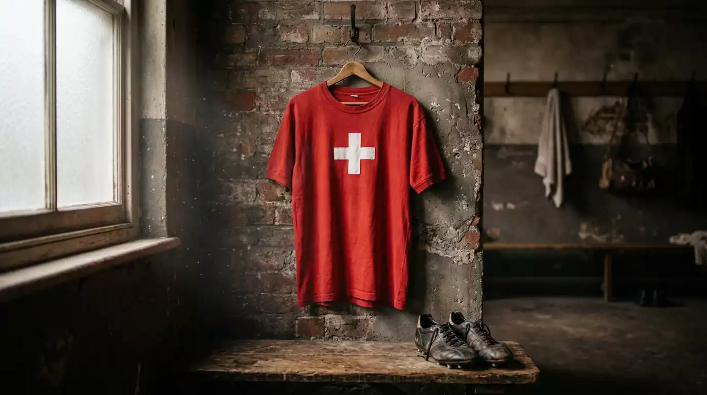 Maillot rétro de la sélection suisse de football accroché dans un vestiaire de stade, lumière douce filtrée par une fenêtre