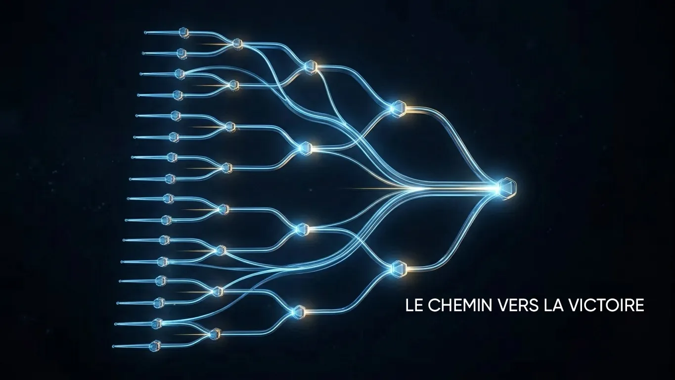 Un tableau lumineux stylisé représentant l'arborescence d'un tournoi à élimination directe, ambiance abstraite et graphique