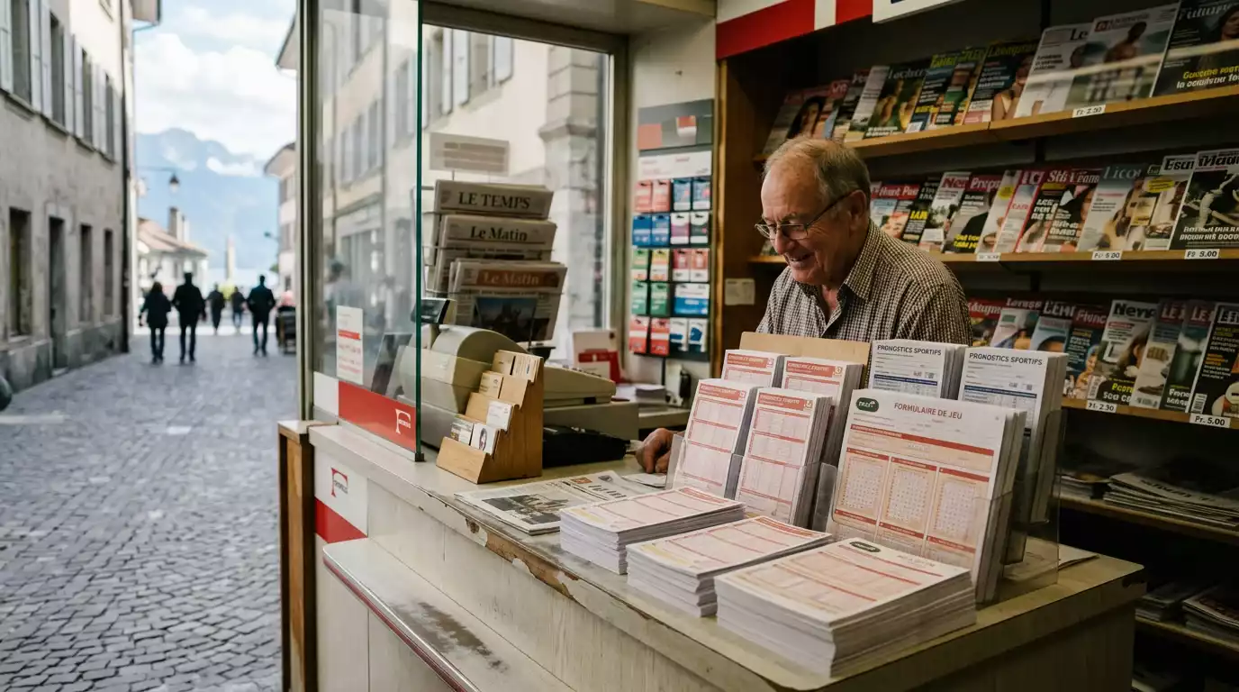 Bulletin Jouez Sport posé sur le comptoir d'un bureau de tabac romand