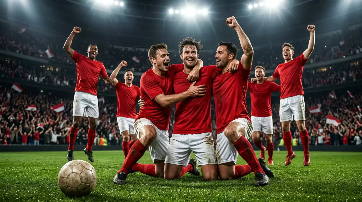 Joueurs de la sélection suisse en maillot rouge célébrant la qualification pour le Mondial 2026 dans un vestiaire