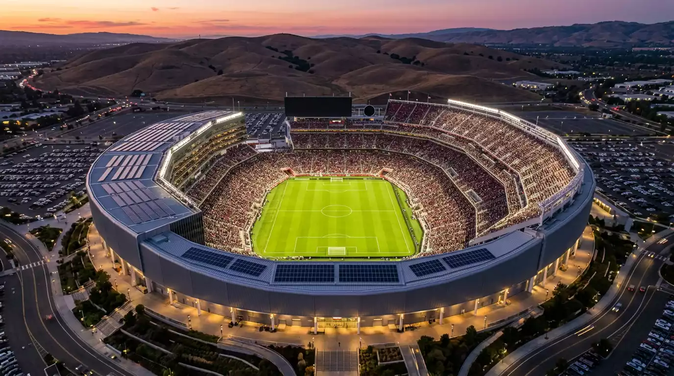 Vue aérienne du Levi's Stadium de Santa Clara au crépuscule, panneaux solaires sur le toit visibles, collines de la baie de San Francisco en arrière-plan