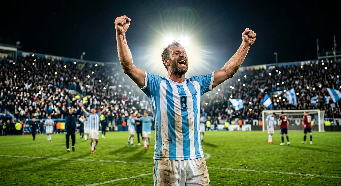 Un footballeur vétéran en maillot rayé bleu ciel et blanc lève les bras après un but, lumière du stade l'éclairant comme un projecteur, émotion intense