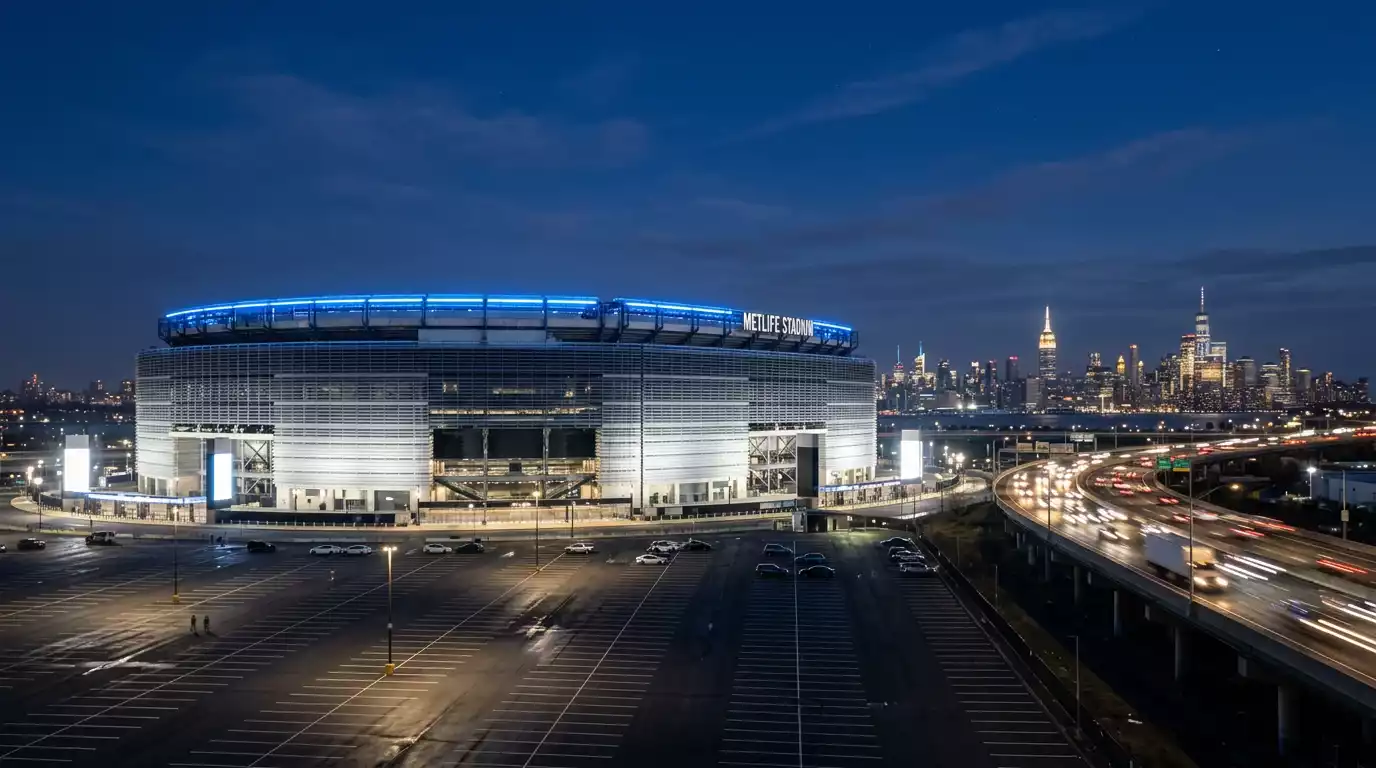 Vue extérieure du MetLife Stadium d'East Rutherford éclairé en bleu, parking immense au premier plan, ligne d'horizon de Manhattan visible dans le lointain
