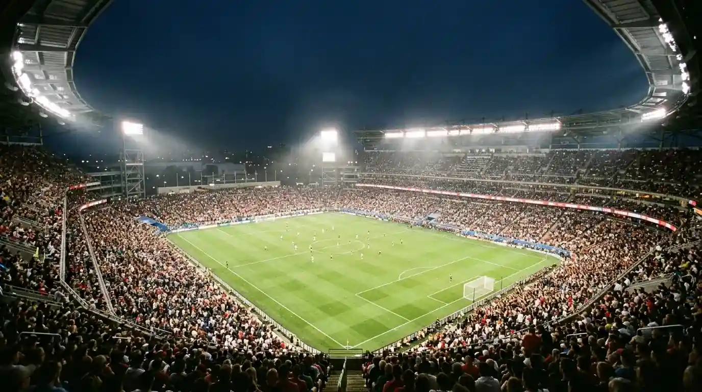 Ambiance nocturne de stade pendant une soirée décisive de Coupe du Monde