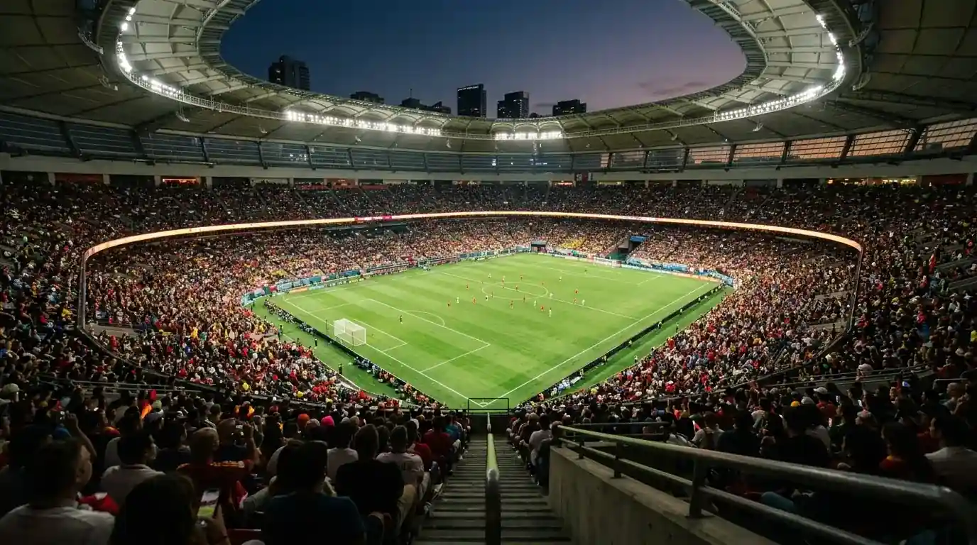 Vue nocturne d'un stade nord-américain comble pendant une rencontre décisive de Coupe du Monde