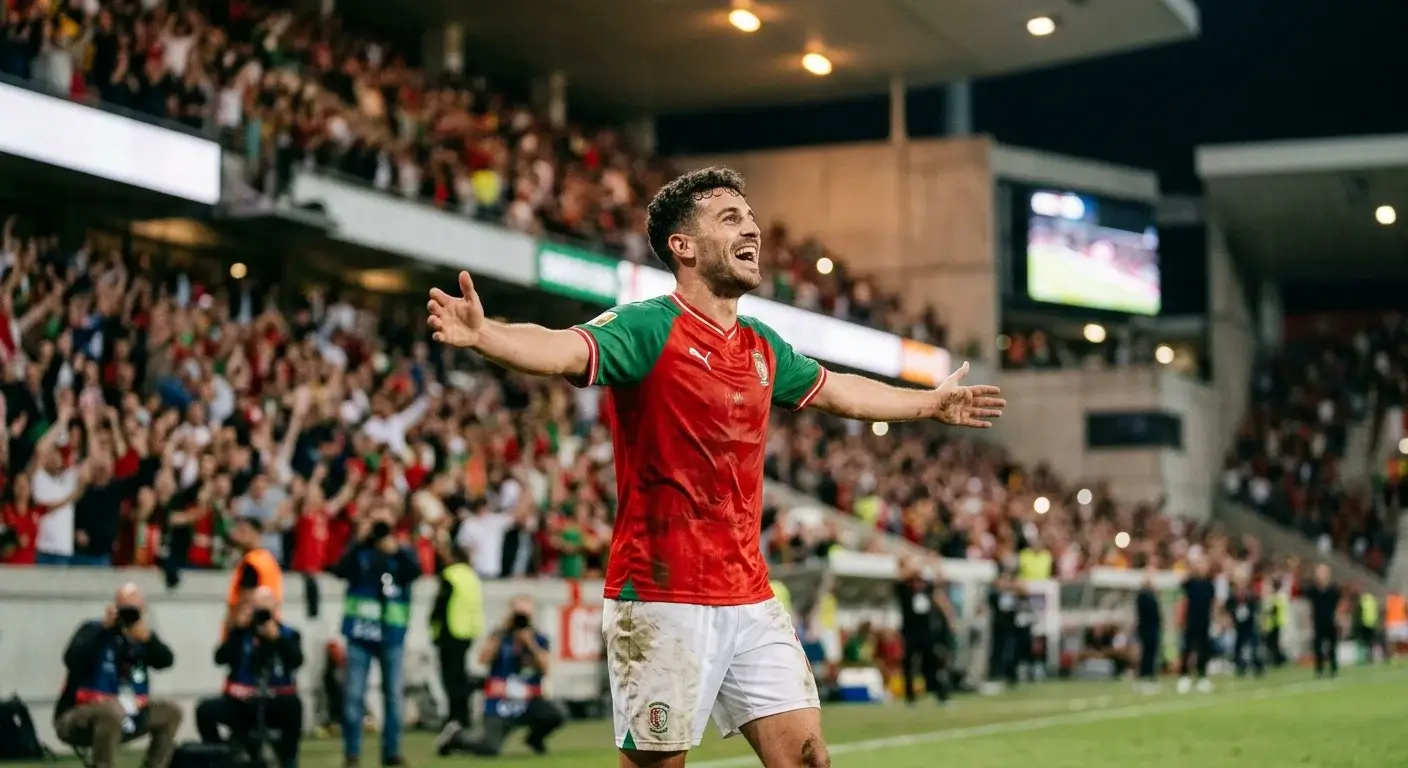 Un joueur en maillot rouge et vert bras écartés célèbre un but, gradins en liesse derrière lui dans un grand stade nocturne