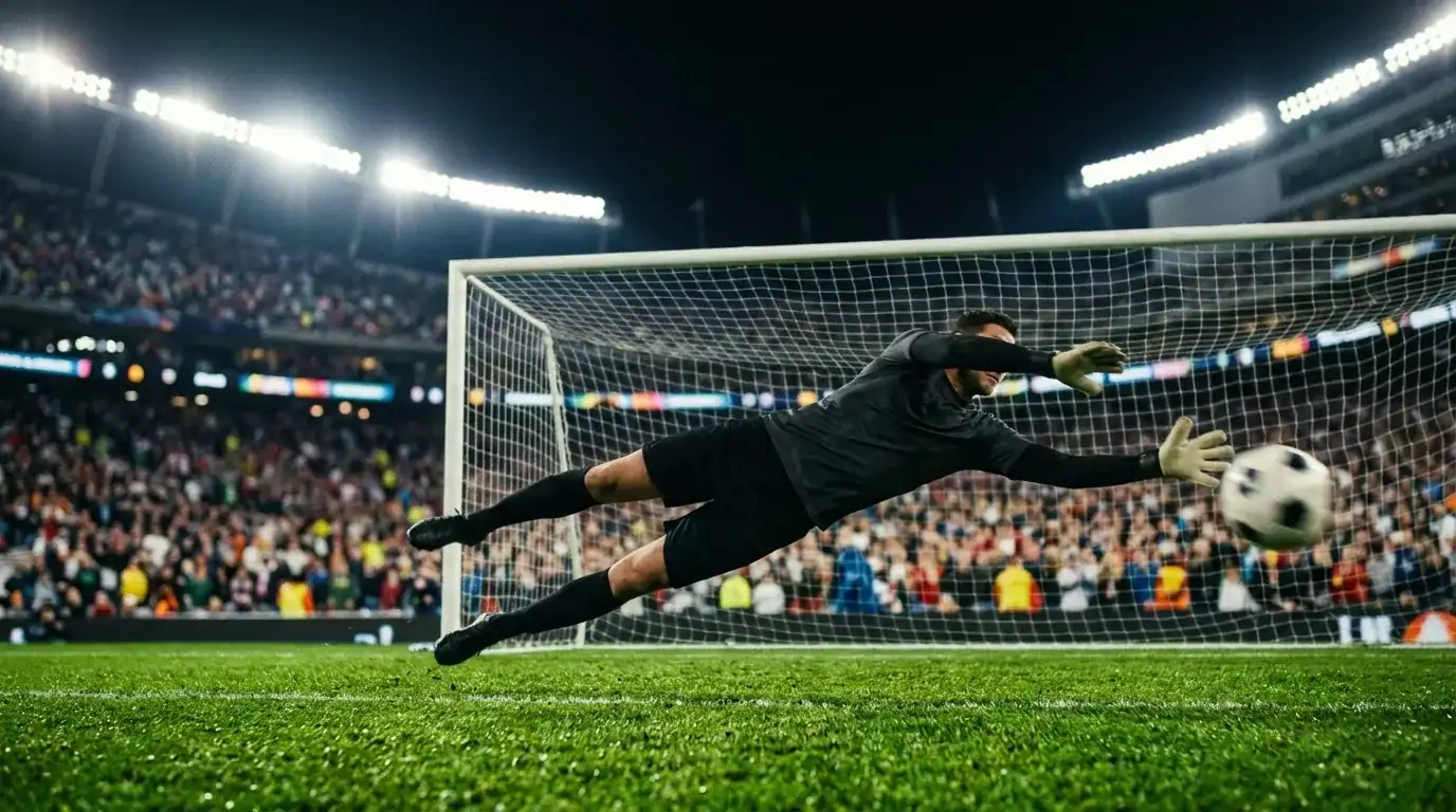 Un gardien plonge sur sa ligne lors d'une séance de tirs au but, projecteurs et tension dans un stade nord-américain