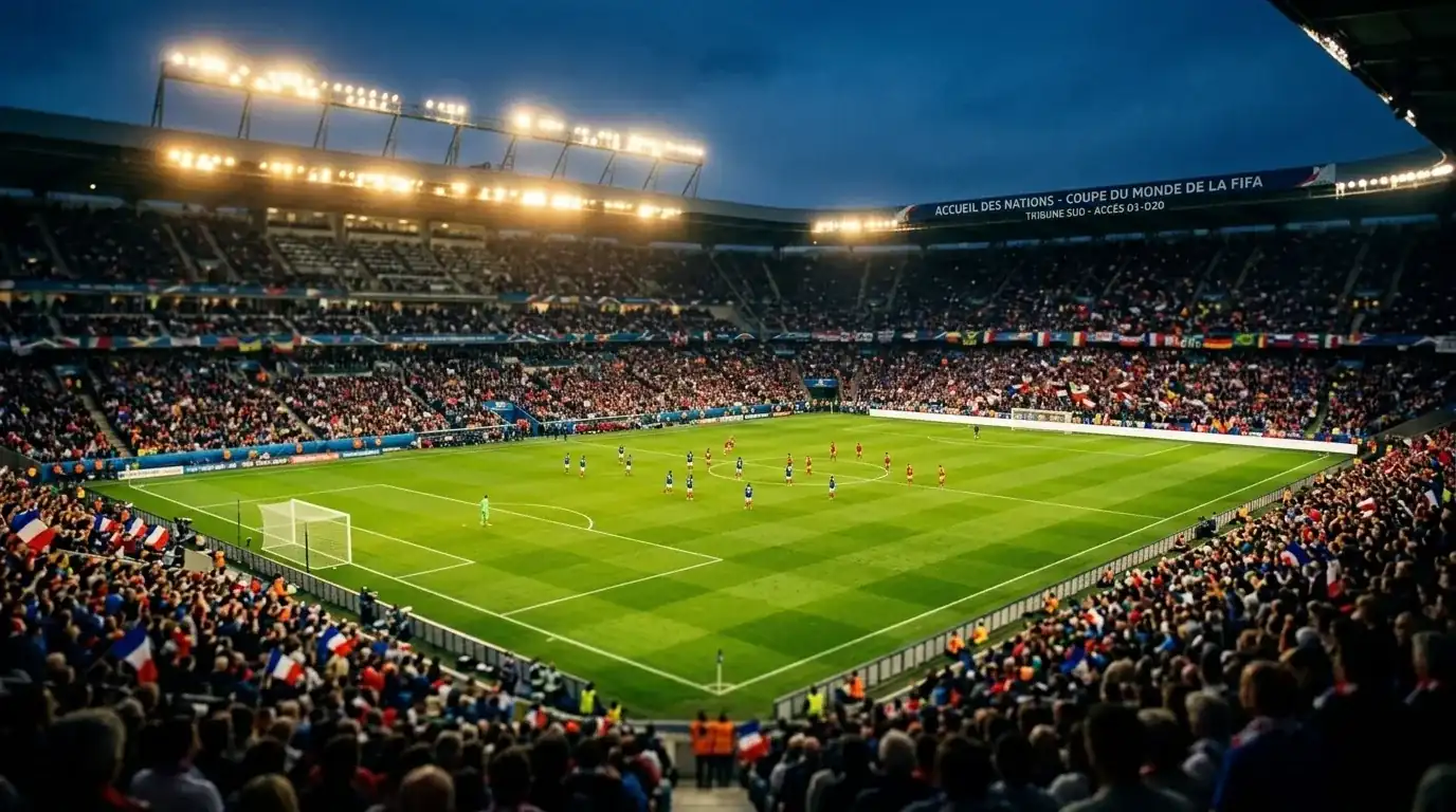 Ambiance nocturne dans un grand stade, tribunes colorées et pelouse éclairée pendant une soirée de Coupe du Monde