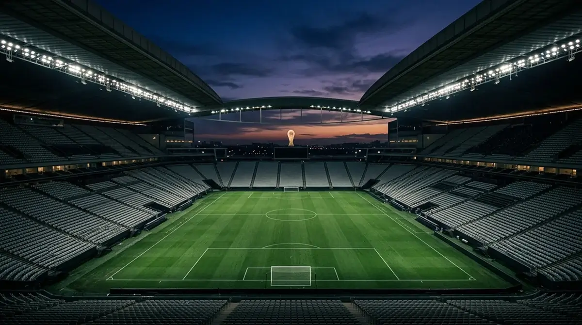 Stade de football vide et illuminé au crépuscule avant un grand match, silhouette d'un trophée à l'horizon