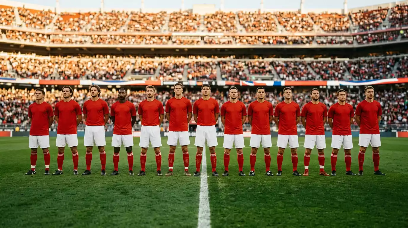Joueurs de l'équipe nationale suisse de football en maillot rouge alignés avant le coup d'envoi sur une pelouse de stade américain