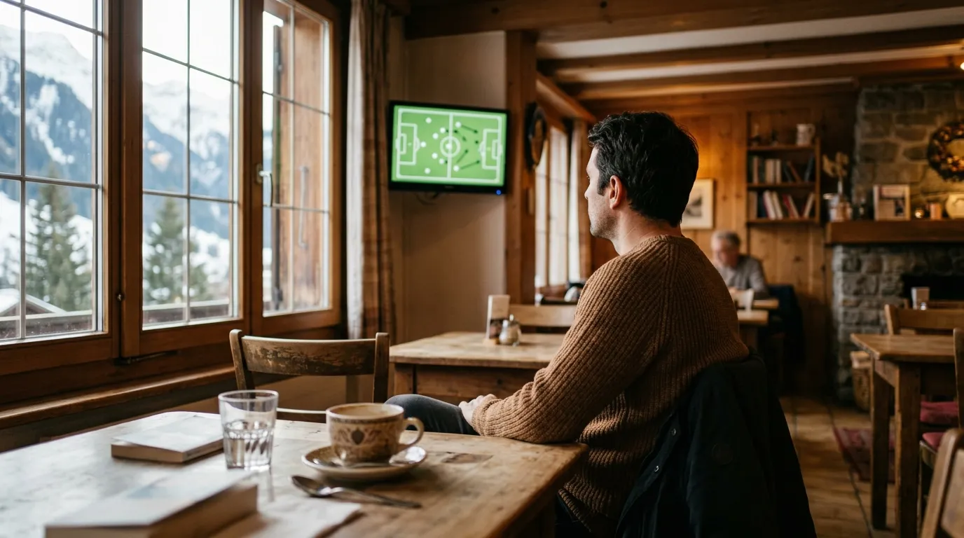 Un parieur consulte les affiches du jour sur un écran dans un café de la Suisse romande, ambiance feutrée de fin d'après-midi
