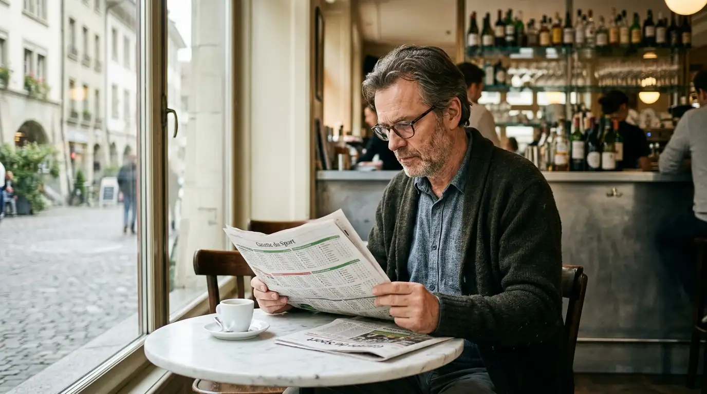 Un parieur attablé étudie les affiches du jour dans un café de la Suisse romande