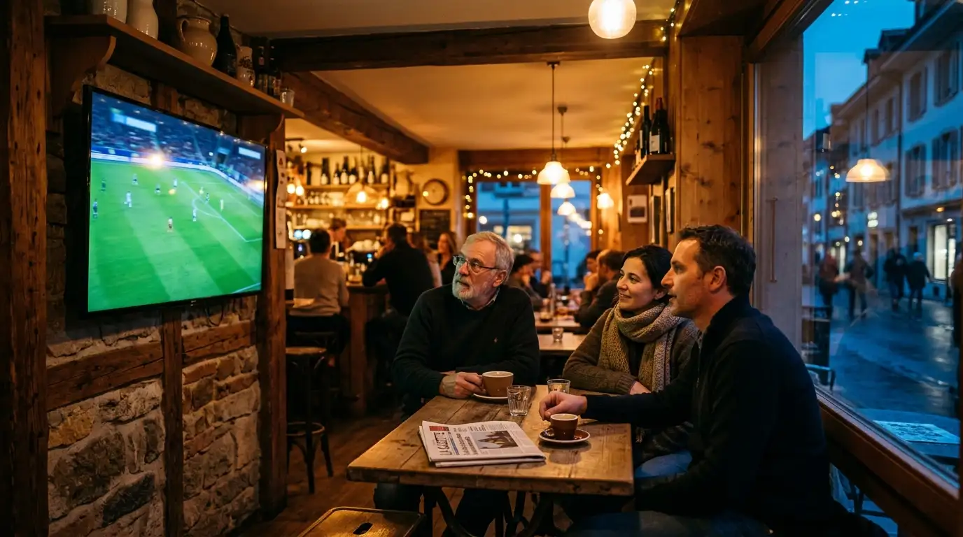 Un café de quartier en Suisse romande le soir, écran de télévision diffusant un match de football, ambiance feutrée