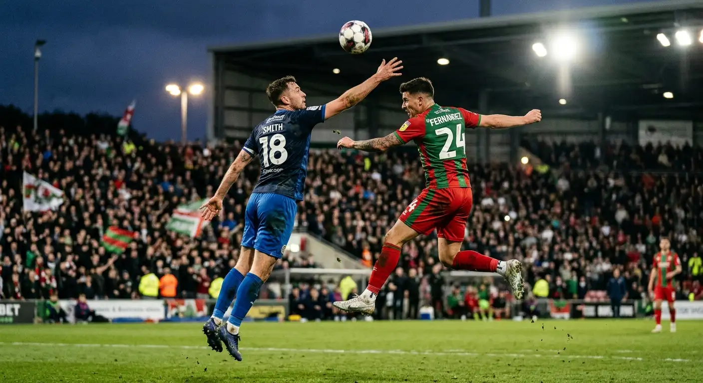 Deux joueurs en maillots contrastés se disputent un ballon aérien dans un stade immense, lumière artificielle, public flou