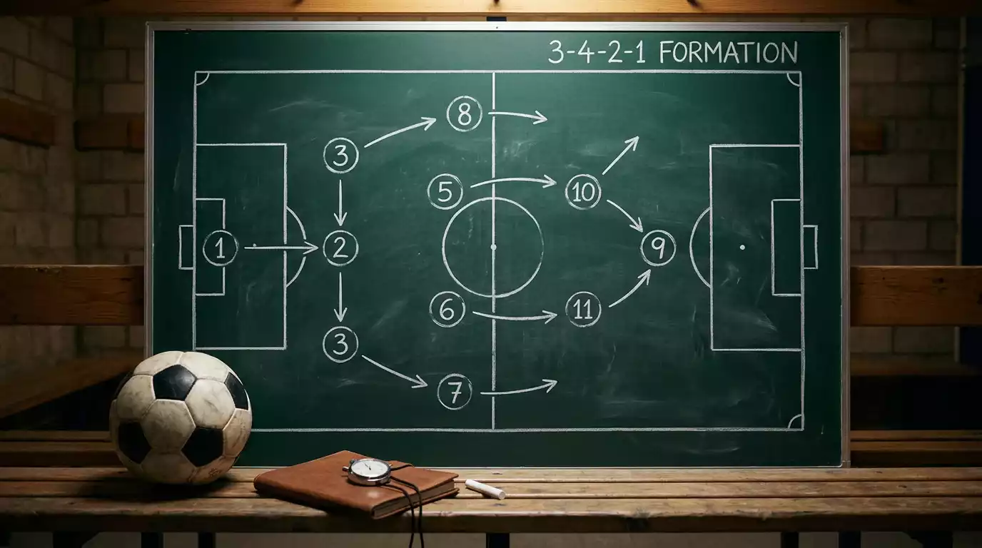 Tableau tactique avec schéma 3-4-2-1 dessiné à la craie blanche, ballon de football posé à côté sur un banc en bois