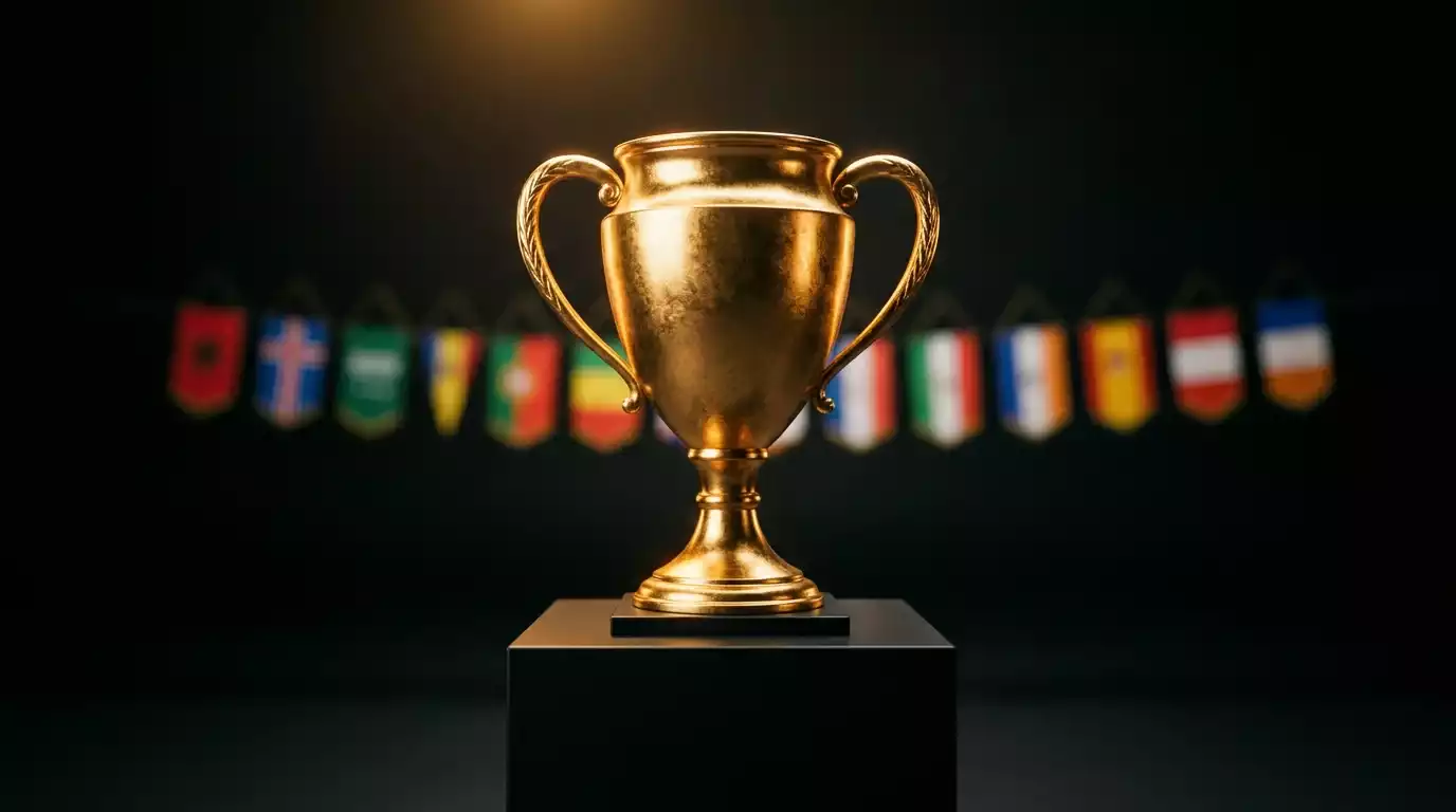 Trophée de la Coupe du Monde FIFA posé sur un piédestal devant des drapeaux de plusieurs nations participantes au tournoi 2026