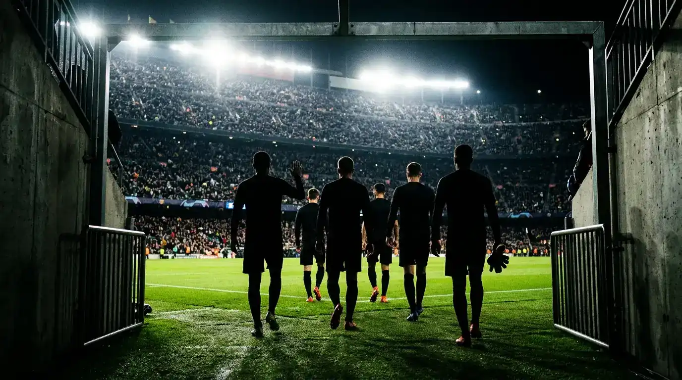 Joueurs de football en silhouette entrant sur une pelouse éclairée par les projecteurs avant un match à élimination directe