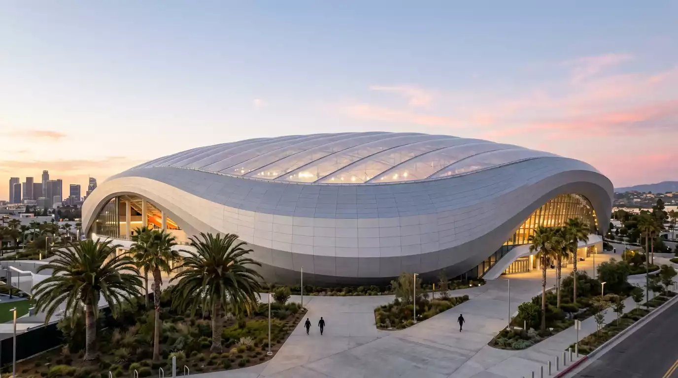 Façade arrondie du SoFi Stadium d'Inglewood vue depuis l'extérieur, toit translucide ondulé reflétant le ciel californien