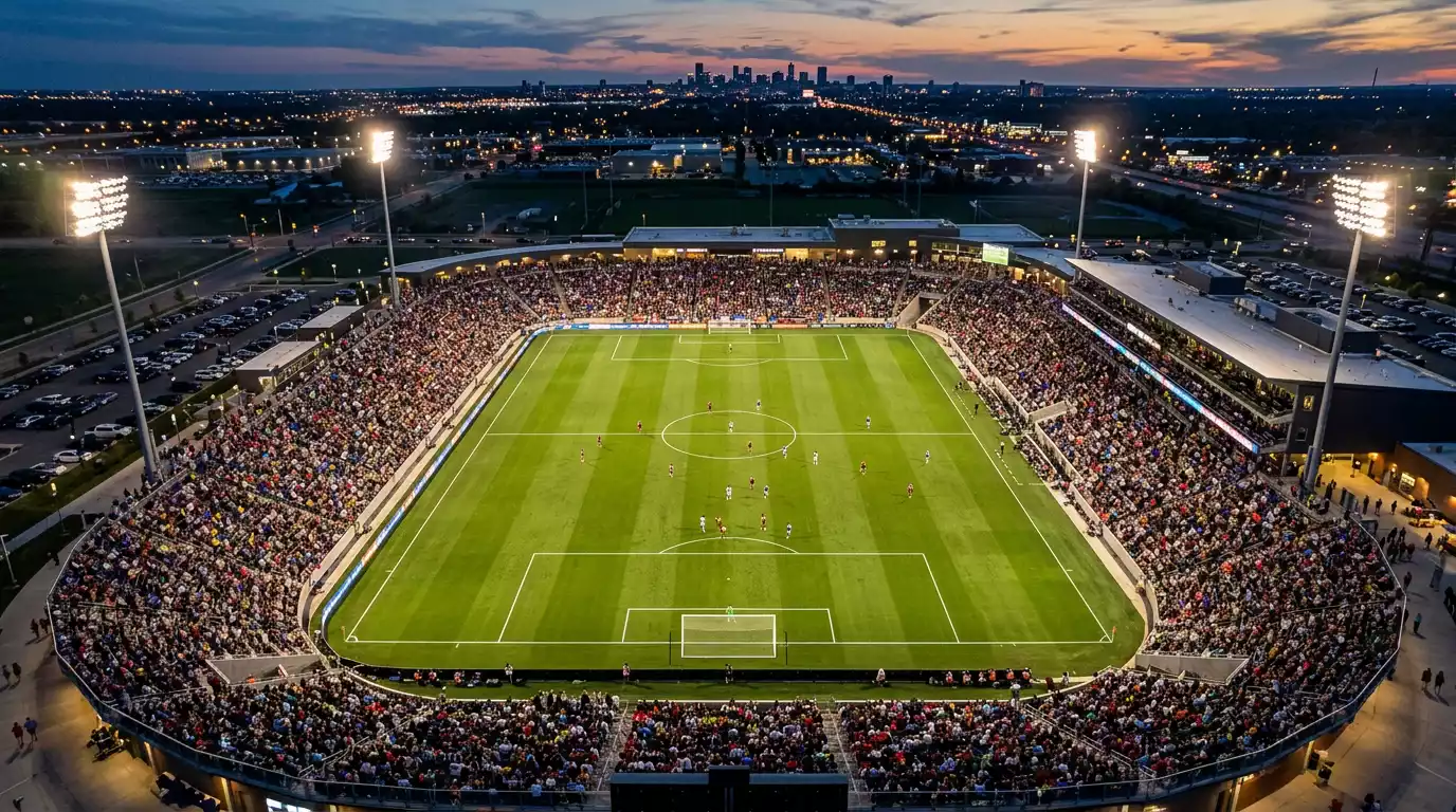 Vue aérienne d'un stade nord-américain rempli de supporters lors d'un match de football, projecteurs allumés au crépuscule