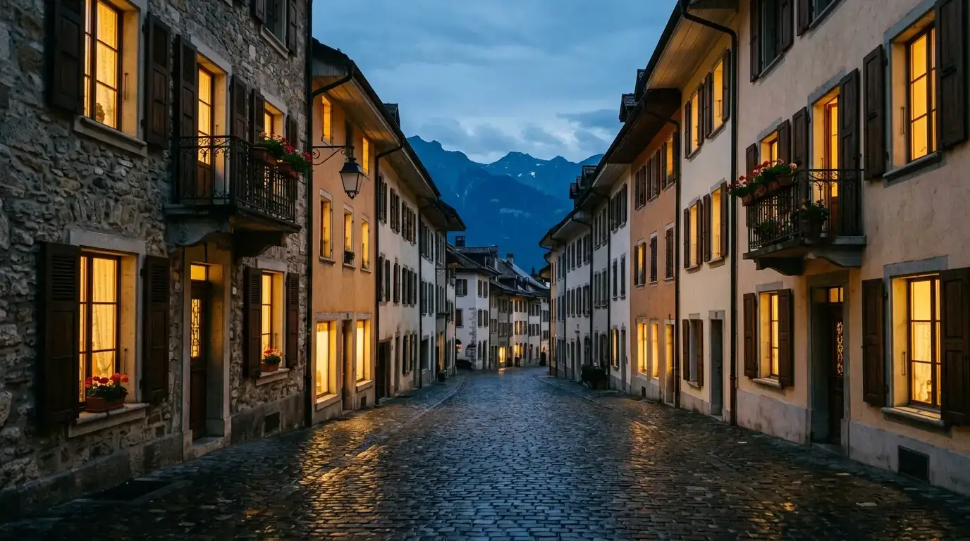 Une rue d'une ville de Suisse romande aux fenêtres éclairées un soir de match