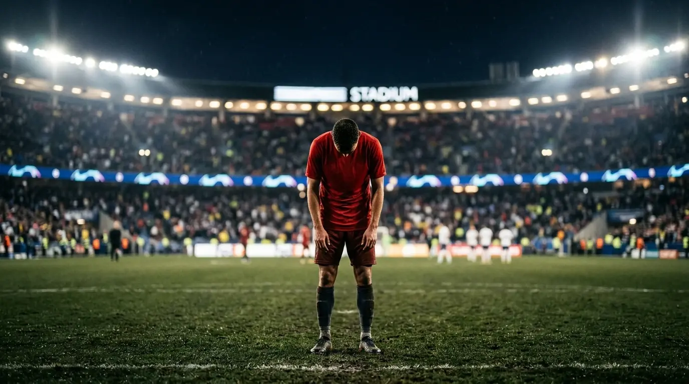 Joueur de football en maillot rouge, seul sur la pelouse après une défaite, tête baissée, stade illuminé et tribunes floues en arrière-plan