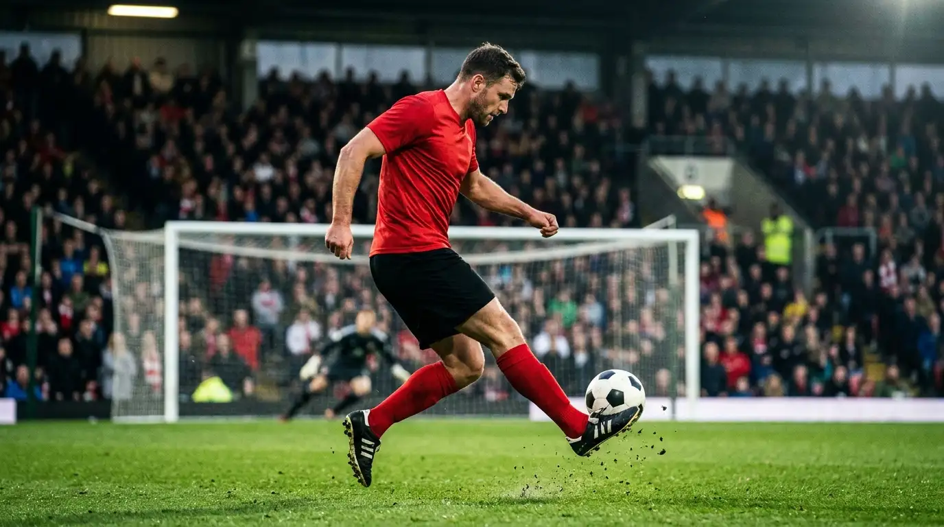 Un footballeur en maillot rouge uni frappe le ballon devant un but, action nette sous les projecteurs