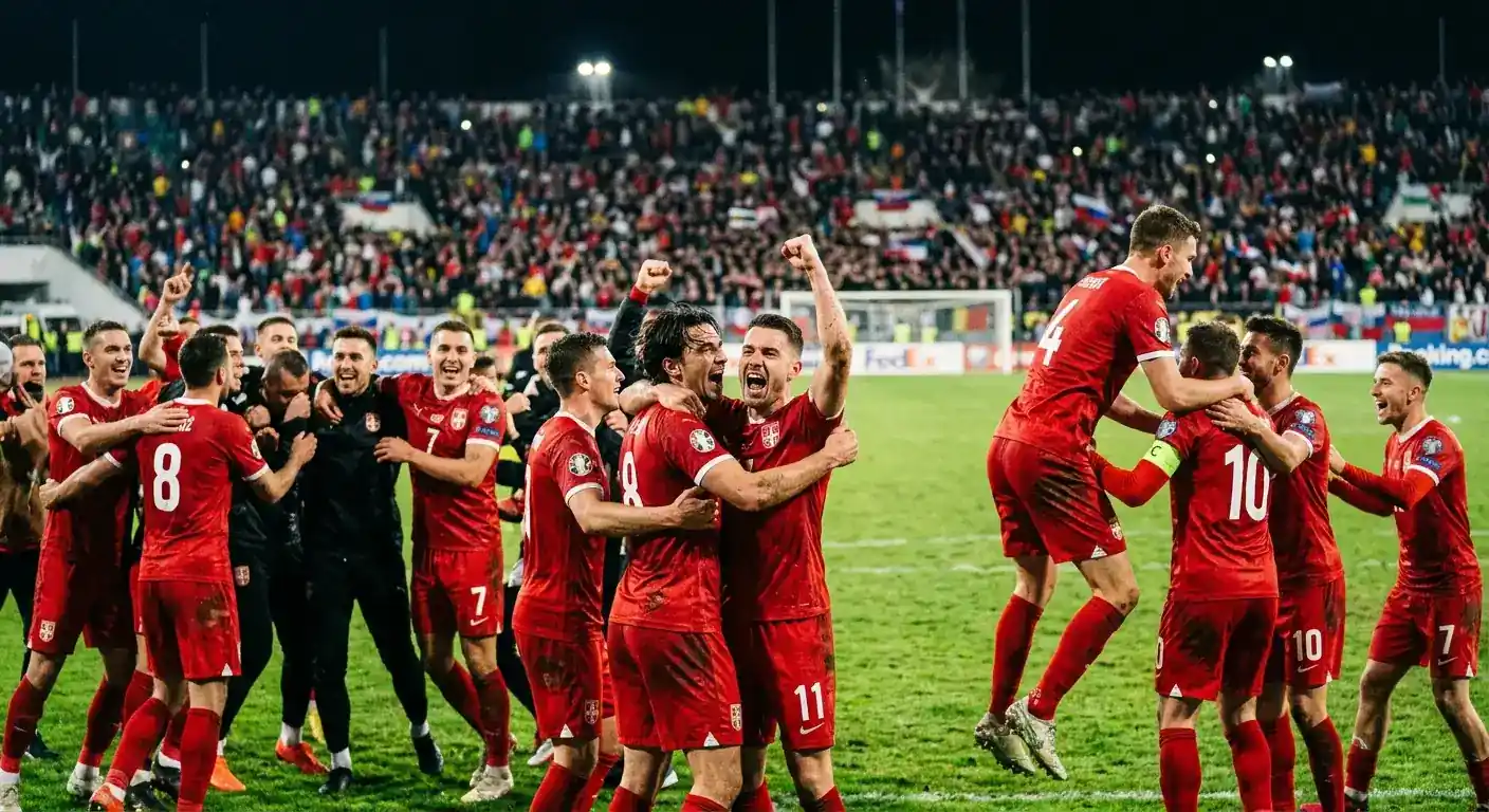 L'équipe nationale suisse célèbre sur la pelouse après une victoire aux tirs au but, joueurs en rouge embrassés sous les projecteurs