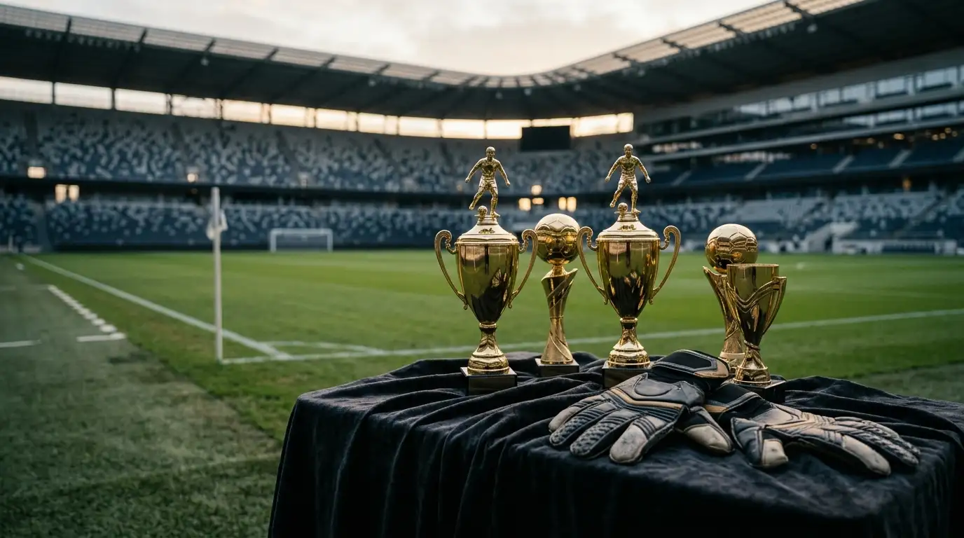 Une rangée de trophées dorés posés sur une table drapée devant une tribune de stade vide au petit matin